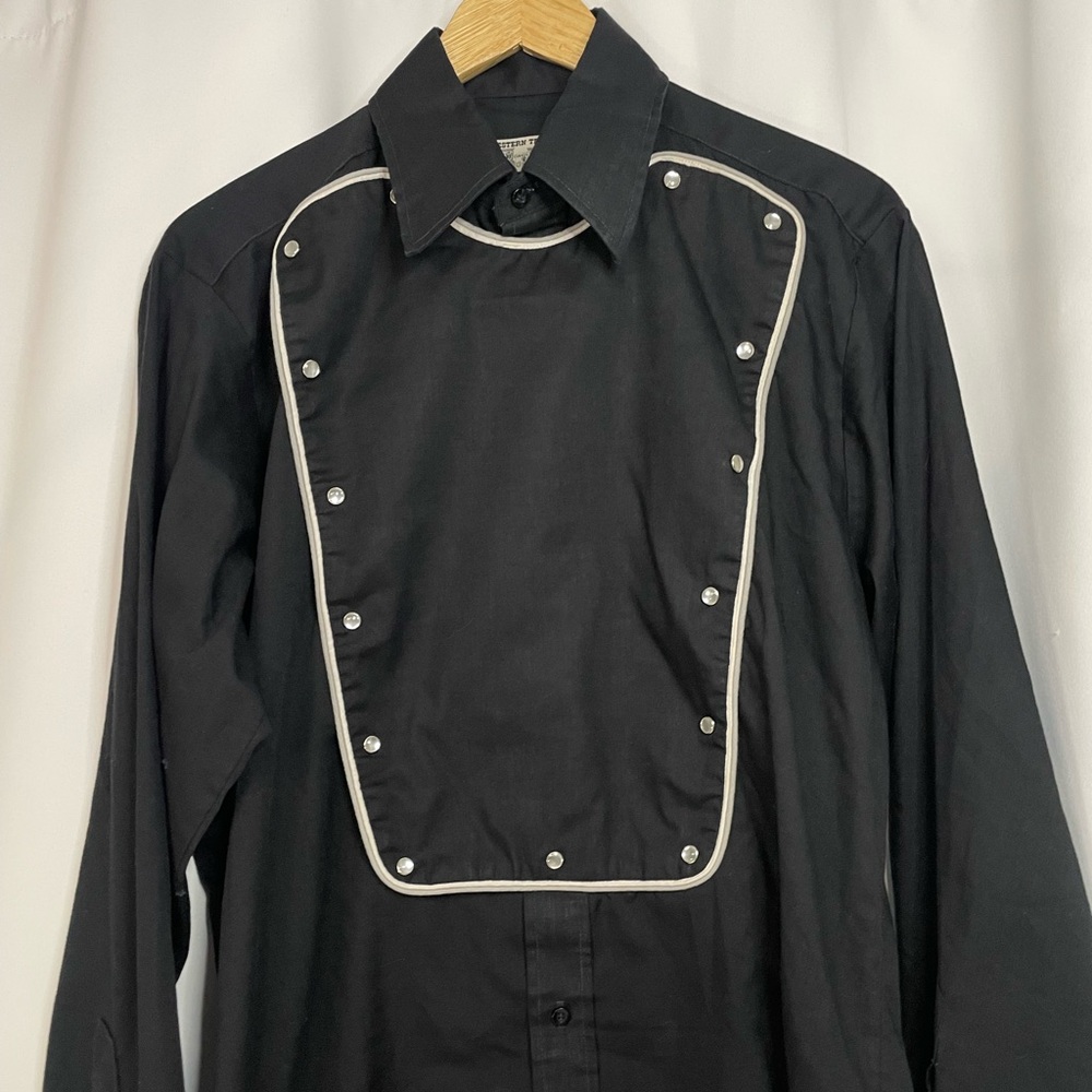 VTG Western Trends by Panhandle Slim Black Pearl Snap Bib Shirt w/ white trim - Picture 2 of 15
